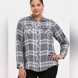 Torrid Taylor Grey Plaid Button Down Shirt Rayon Twill Plus 0 / 12 Large Grunge